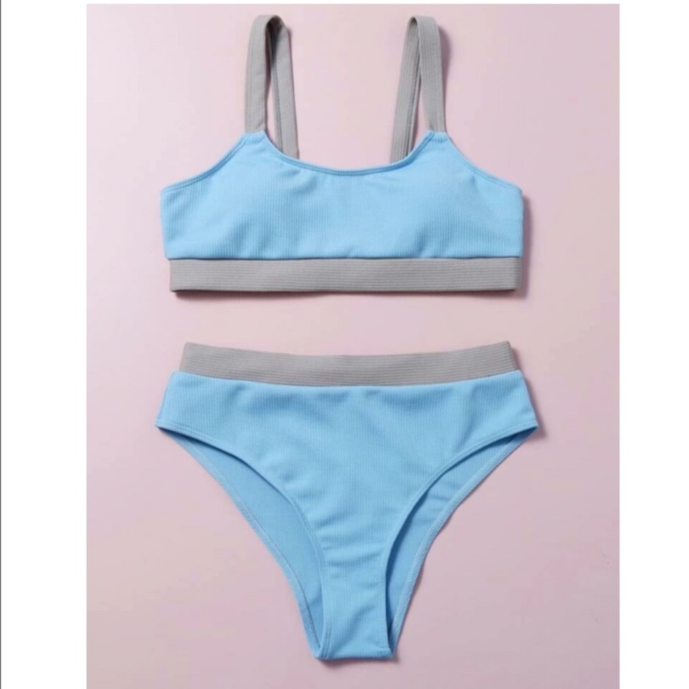 Rib Contrast Trim High Waisted Bikini Swimsuit